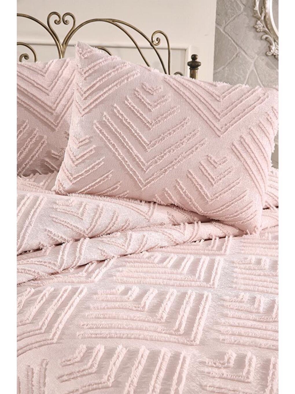 Pembe Pine 3 Parça Çift Kişilik Pike Takımı Pudra-3