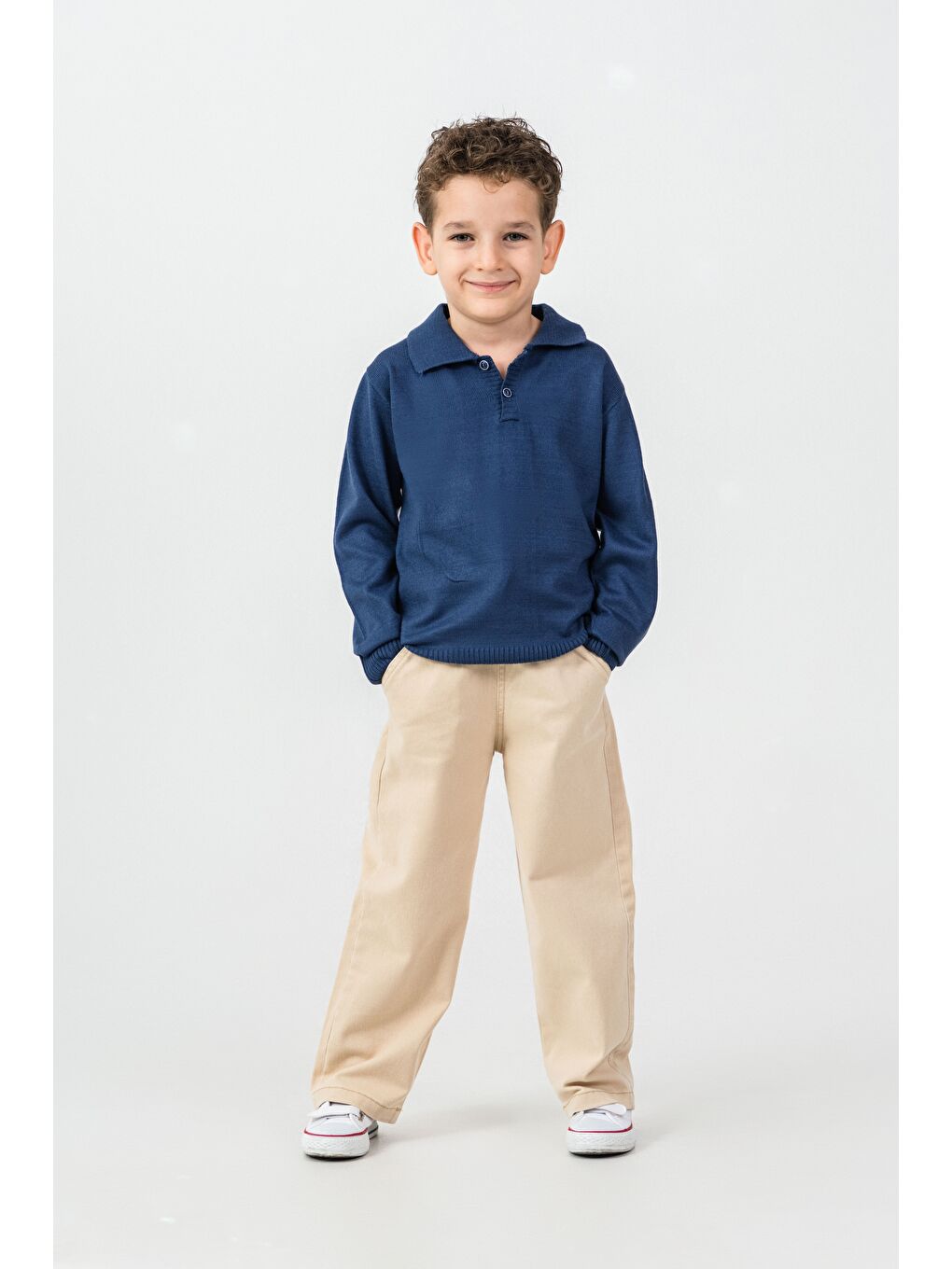 Lacivert Erkek Çocuk Triko Polo Yaka Kazak Gabardin Pantalon Alt-Üst Takım