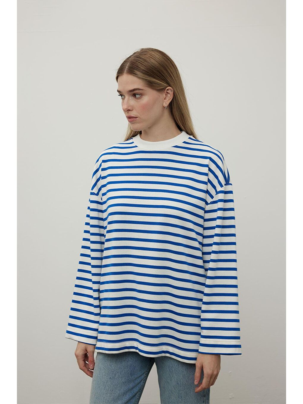 Çizgili Sweatshirt Mavi-1