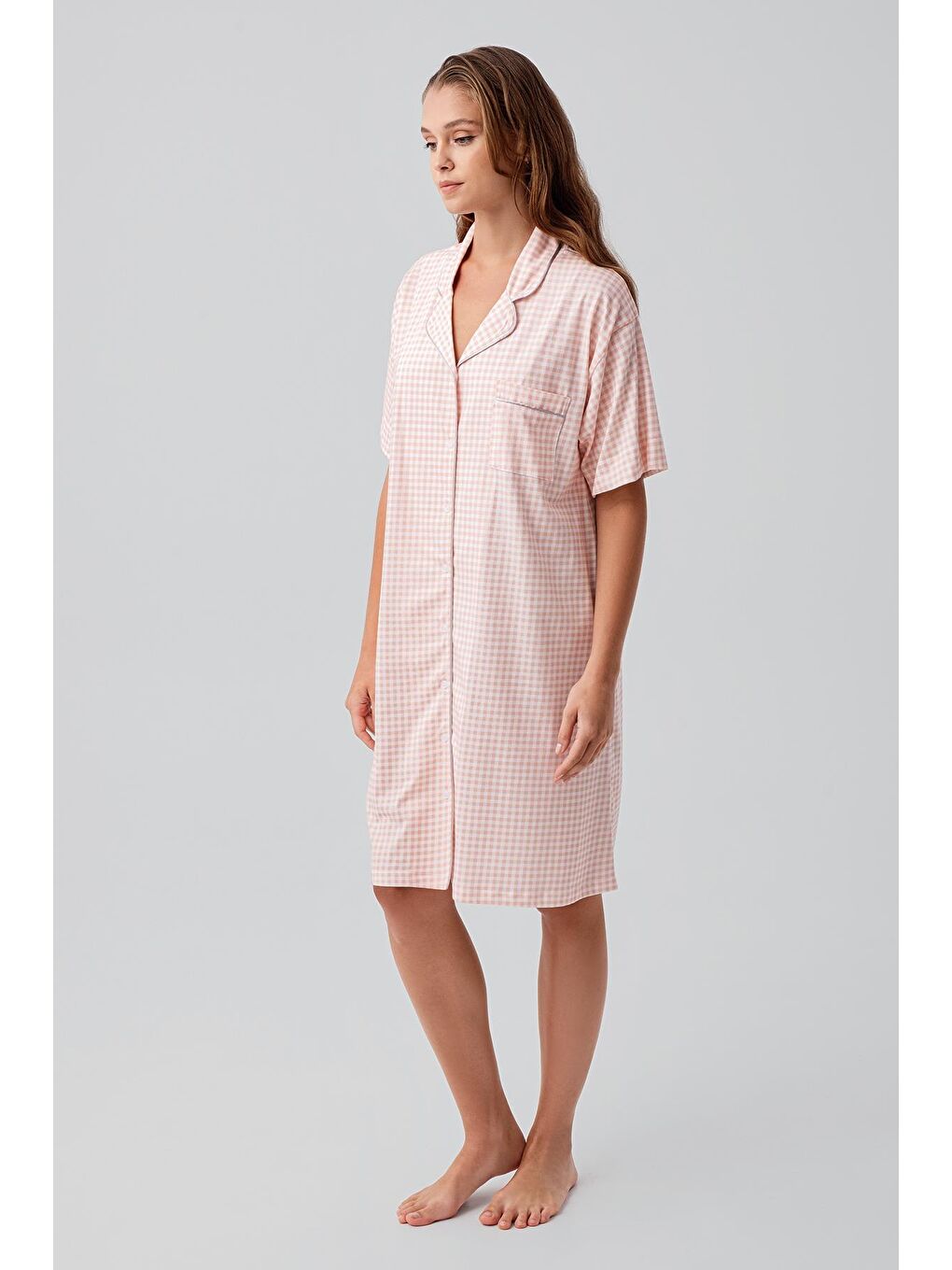 Pembe Kısa Kollu Düğmeli Esnek Pamuklu Gecelik 19101-1
