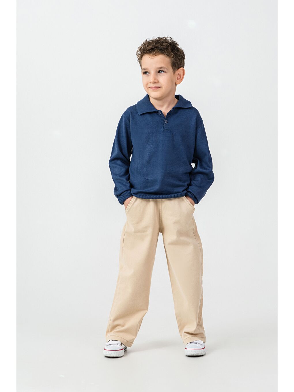 Lacivert Erkek Çocuk Triko Polo Yaka Kazak Gabardin Pantalon Alt-Üst Takım-1