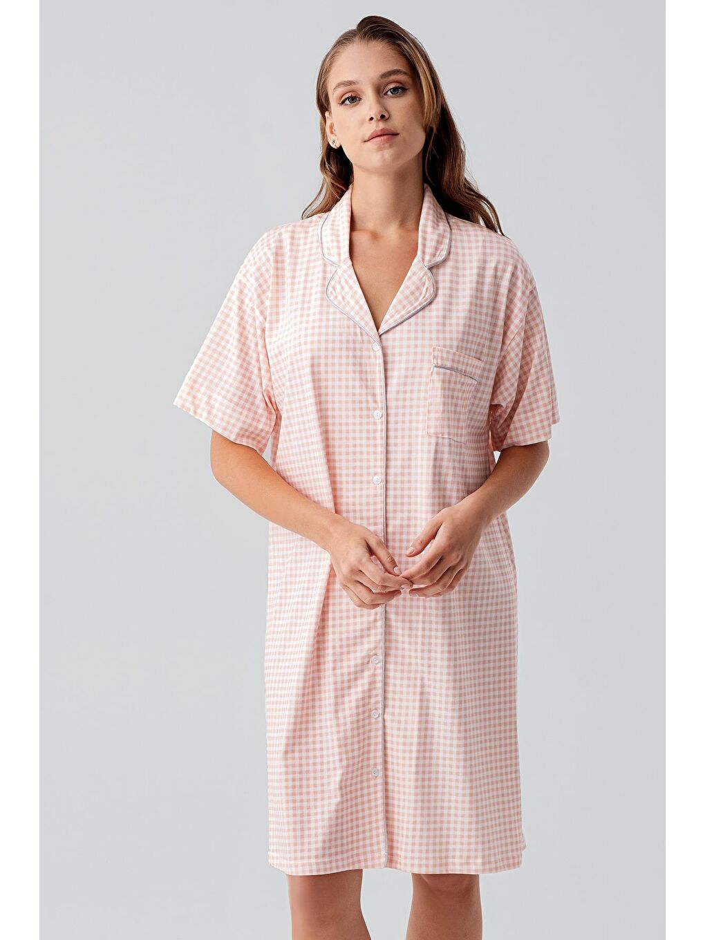 Pembe Kısa Kollu Düğmeli Esnek Pamuklu Gecelik 19101-3