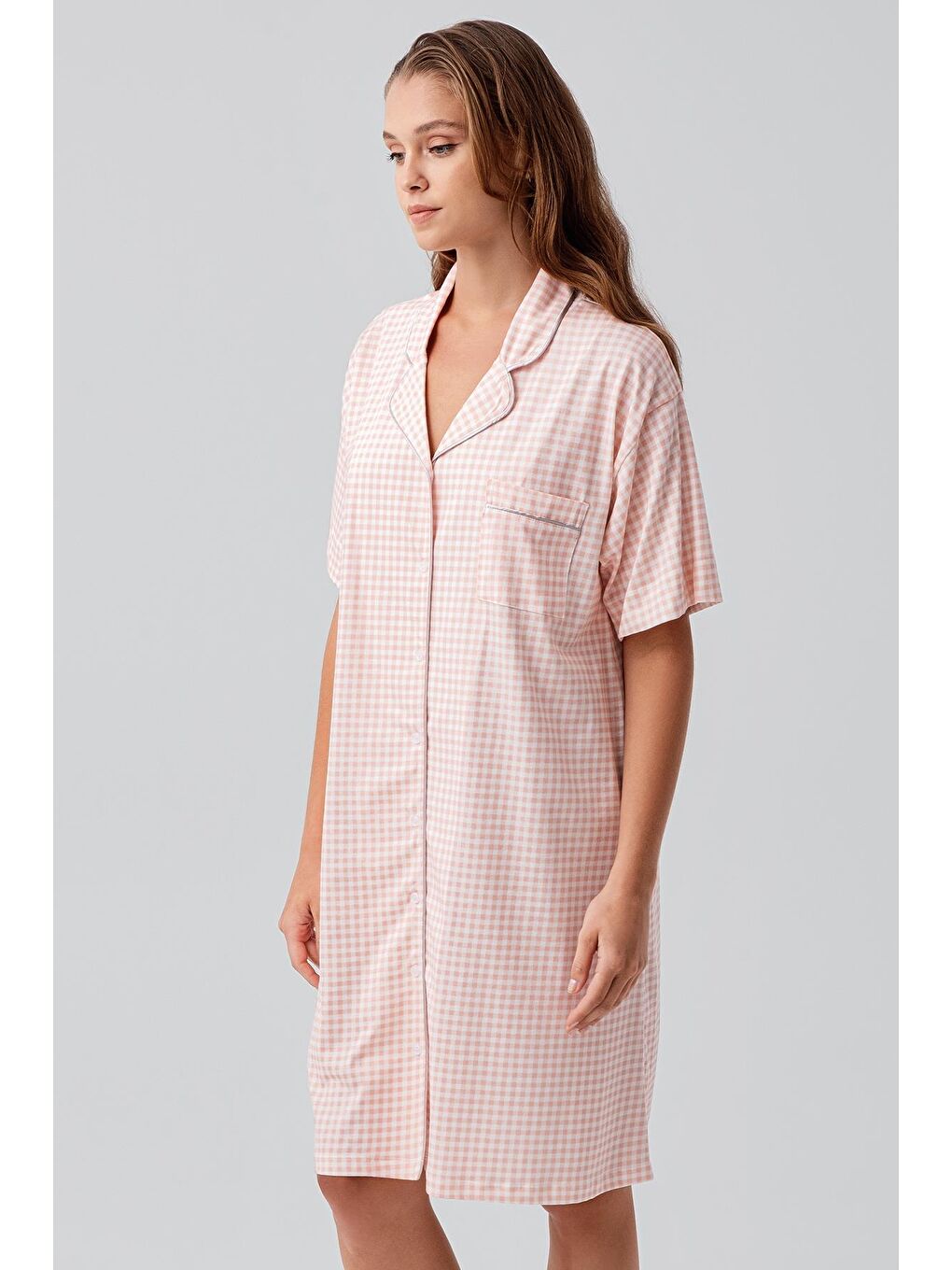 Pembe Kısa Kollu Düğmeli Esnek Pamuklu Gecelik 19101-4