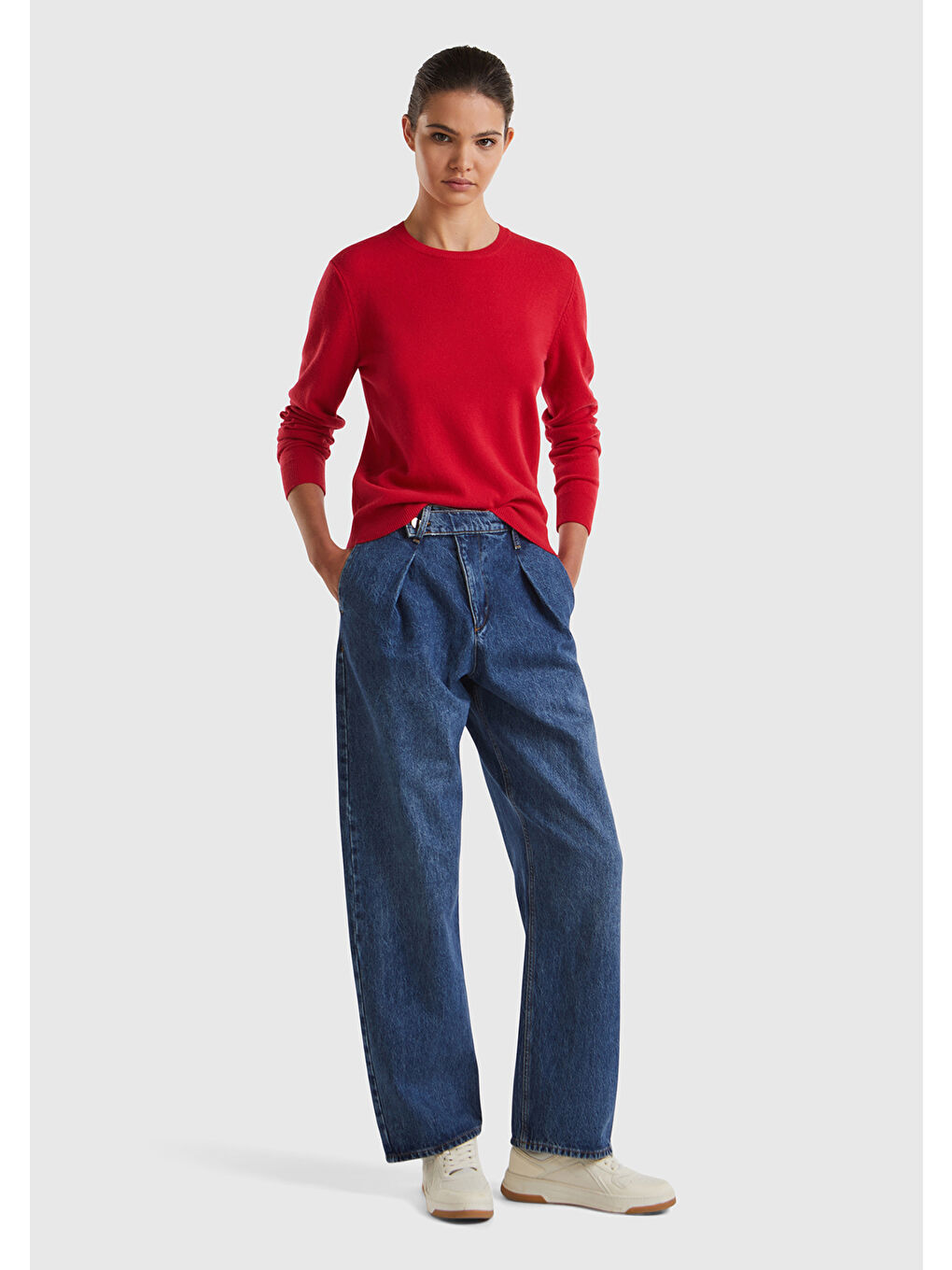 Kadın Kırmızı Bisiklet Yaka %100 Merino Kazak-4