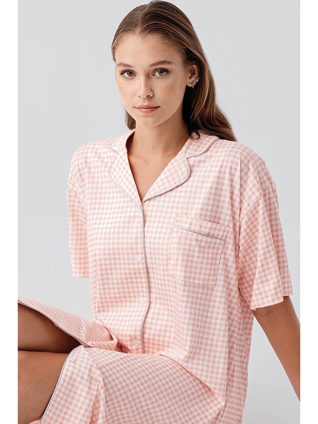 Pembe Kısa Kollu Düğmeli Esnek Pamuklu Gecelik 19101-5