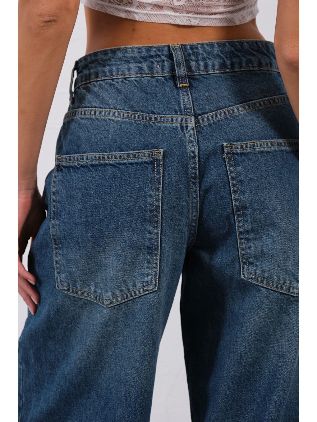 İndigo Bol Kesim Denim Geniş Paça Rahat Baggy Jean Jean Salaş Kadın Pantolon @Varese-3