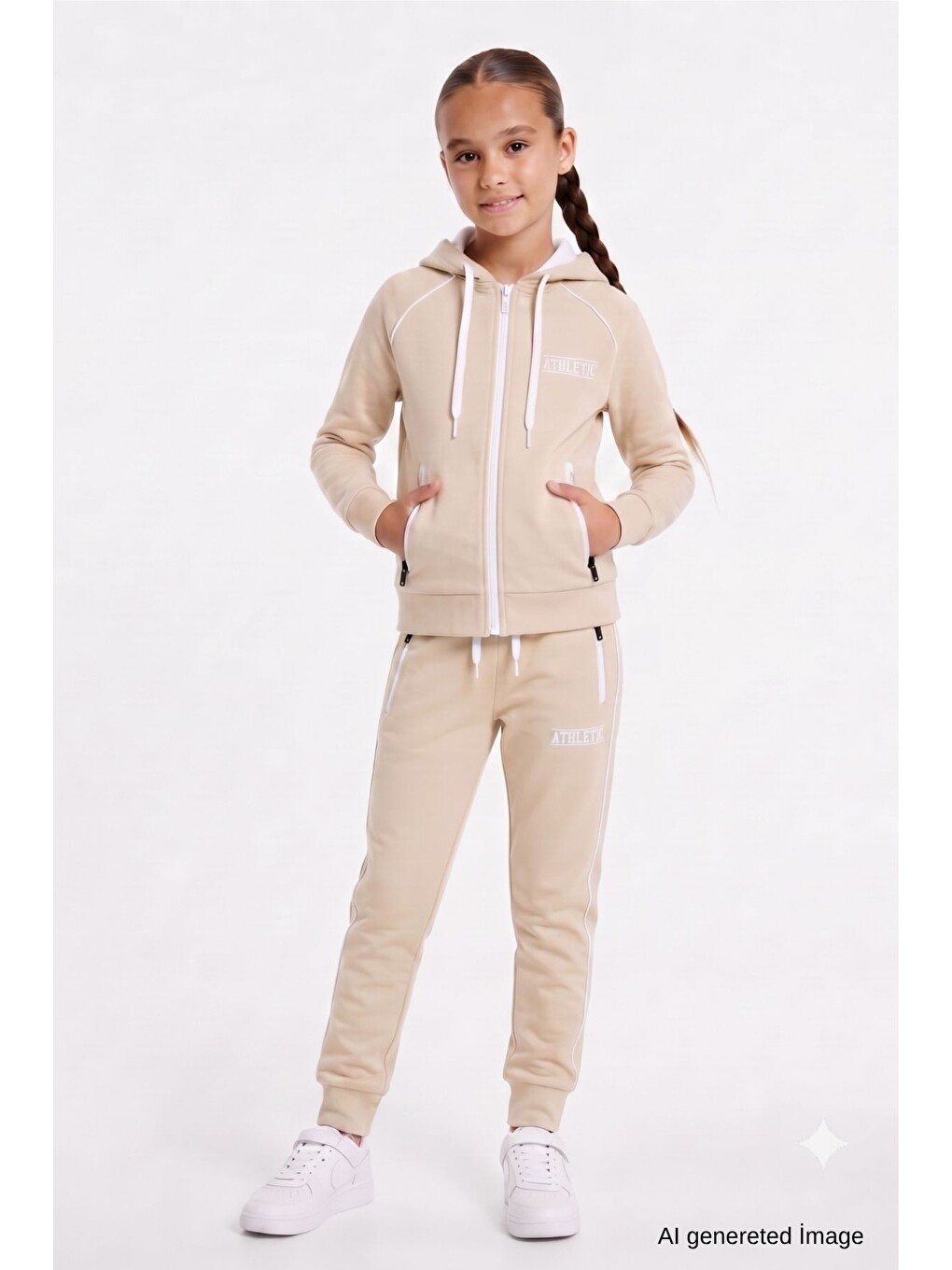 Ekru Kız Çocuk Scuba Atheletic Reglan Kol Kapüşonlu Dalgıç Kumaş Eşofman Takımı Esf7027-1