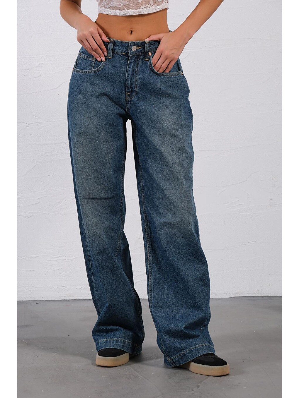 İndigo Bol Kesim Denim Geniş Paça Rahat Baggy Jean Jean Salaş Kadın Pantolon @Varese-6