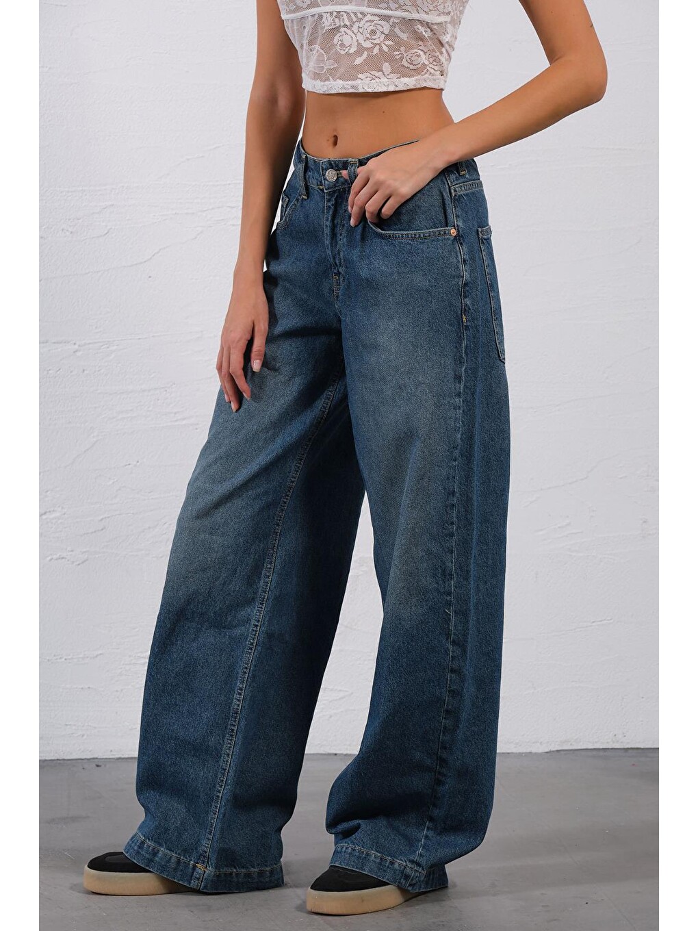 İndigo Bol Kesim Denim Geniş Paça Rahat Baggy Jean Jean Salaş Kadın Pantolon @Varese-7