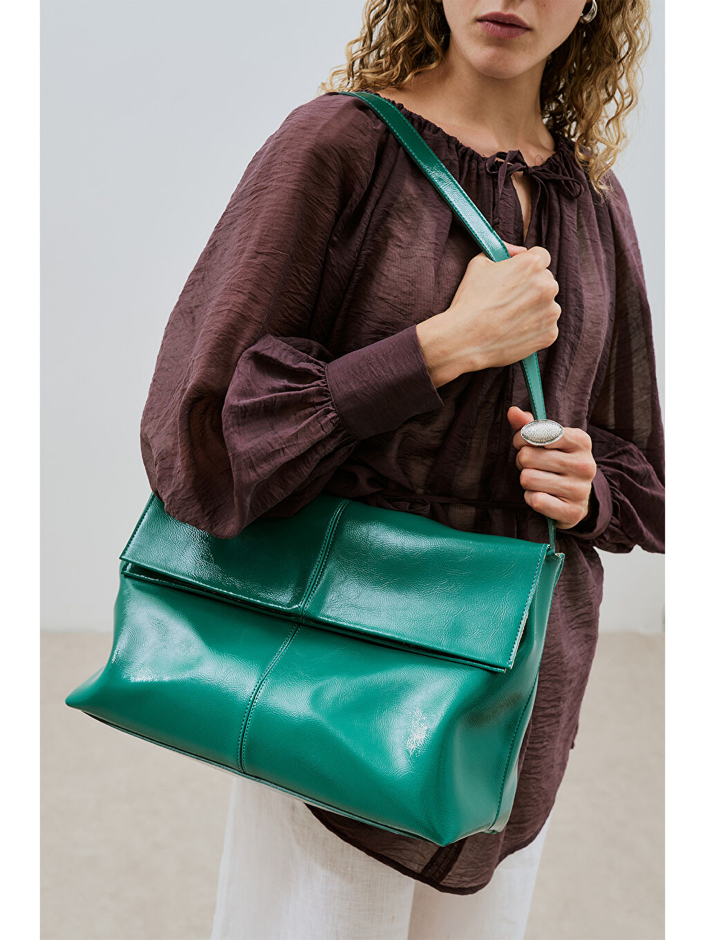 Kapaklı Tote Deri Çanta Petrol-1