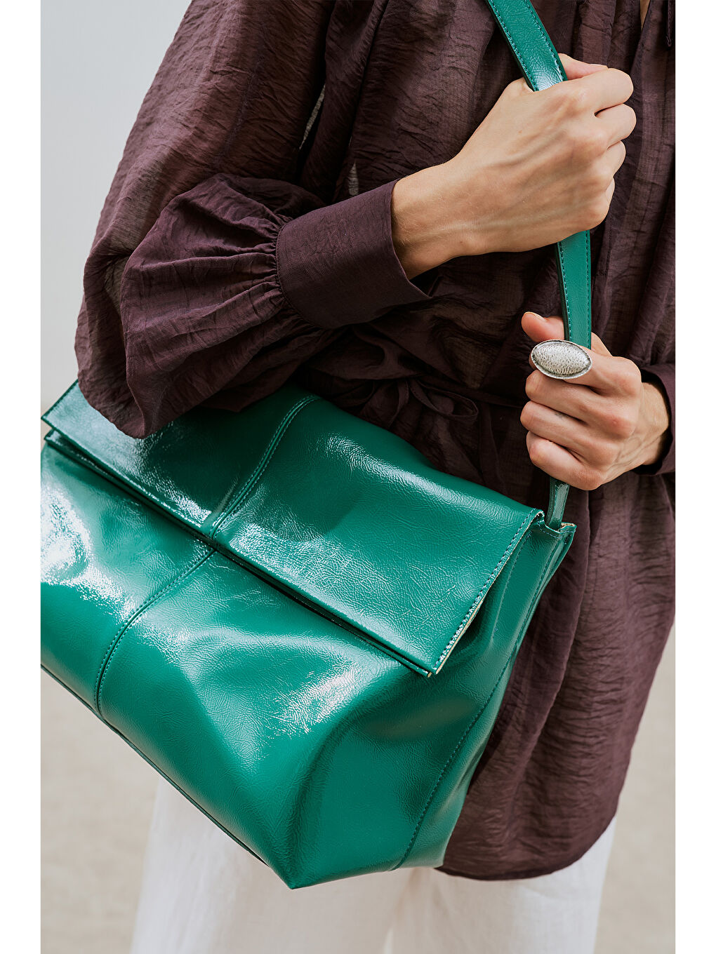 Kapaklı Tote Deri Çanta Petrol-2