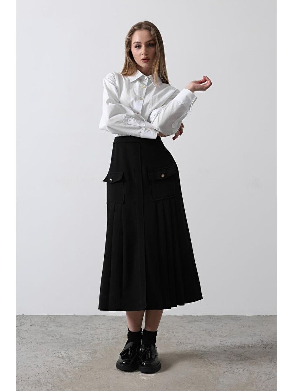 Pileli Kontrast Gömlek Elbise - Beyaz