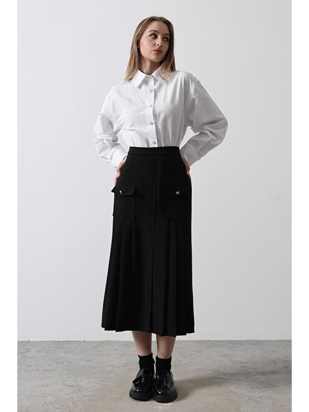 Pileli Kontrast Gömlek Elbise - Beyaz-1