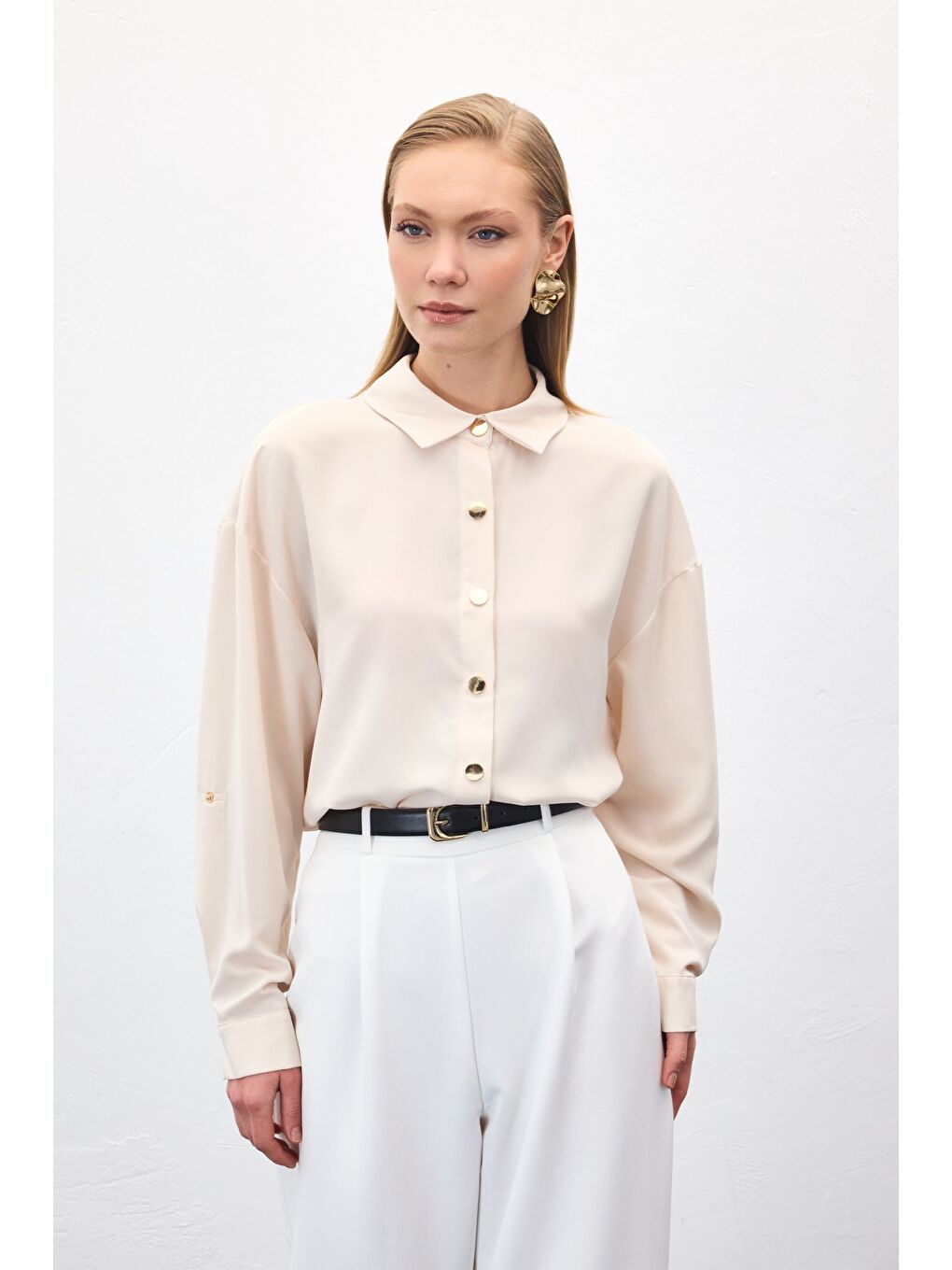Çıtçıt Detaylı Gömlek - Bej-2