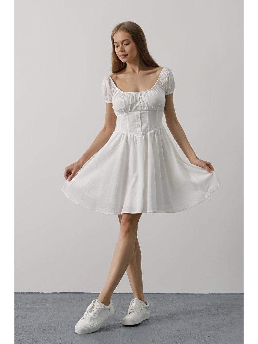 Beli Korseli Mini Elbise - Beyaz-1