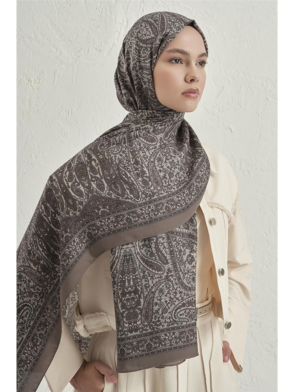 Bej Premium Pure Etnik Desen Şal 4 10-1