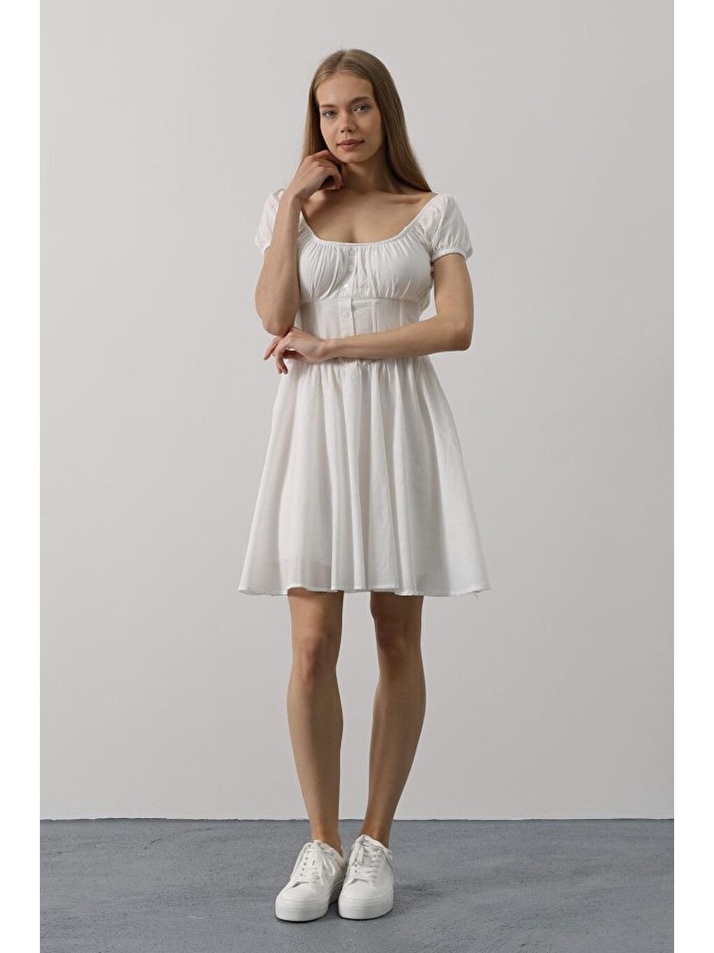 Beli Korseli Mini Elbise - Beyaz-2