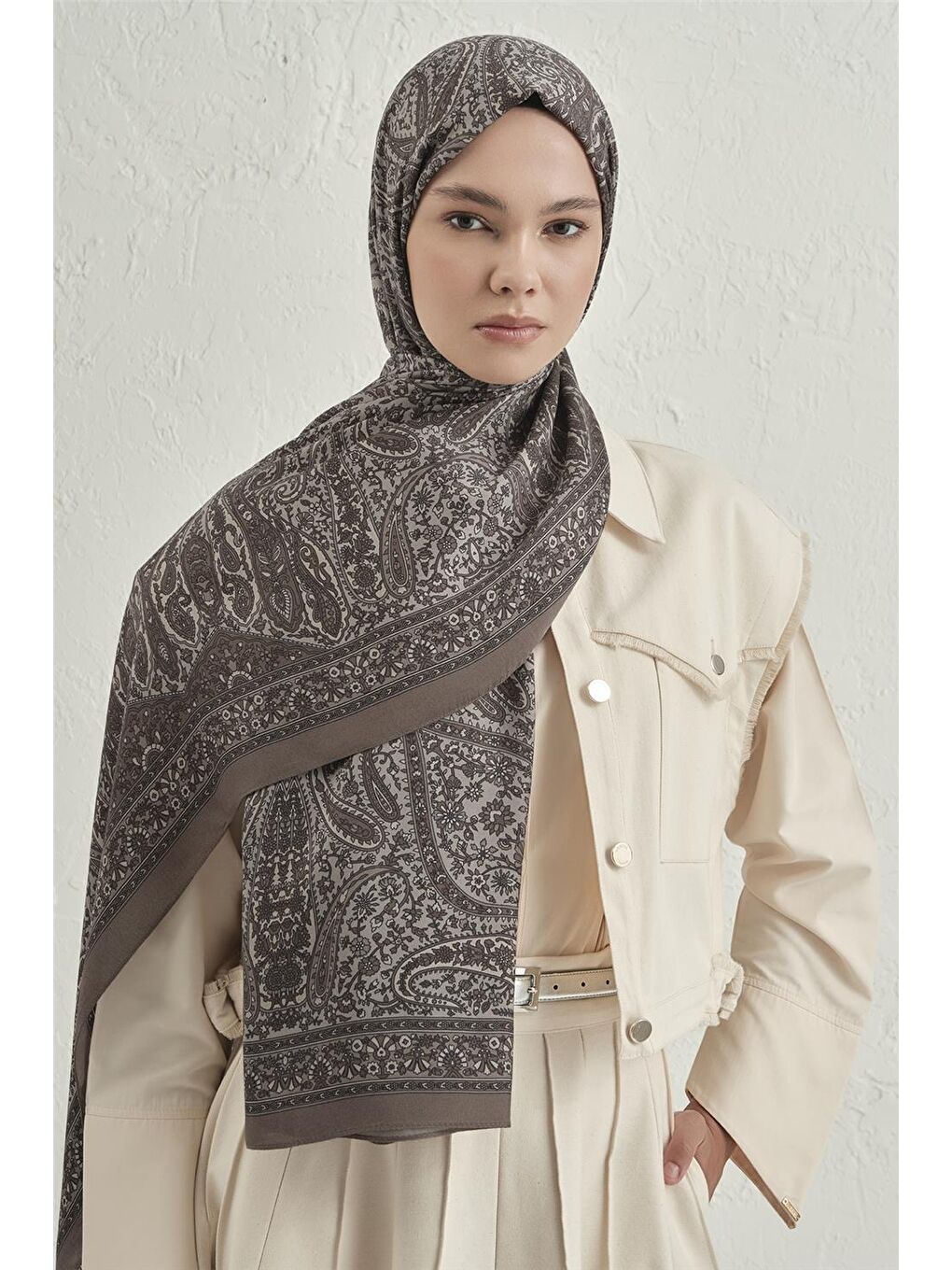 Bej Premium Pure Etnik Desen Şal 4 10-2