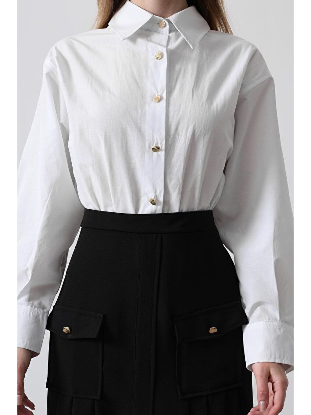 Pileli Kontrast Gömlek Elbise - Beyaz-2