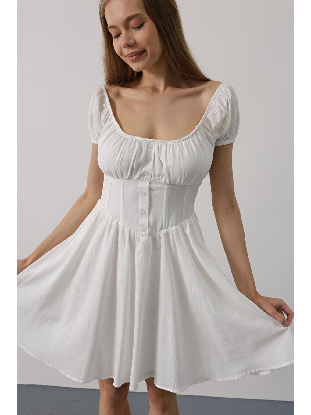 Beli Korseli Mini Elbise - Beyaz-3