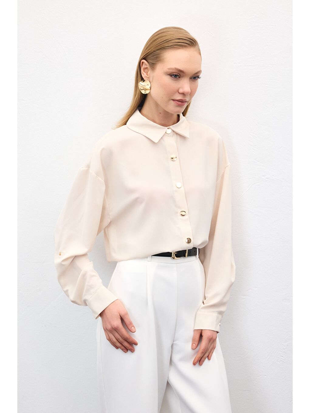 Çıtçıt Detaylı Gömlek - Bej-4