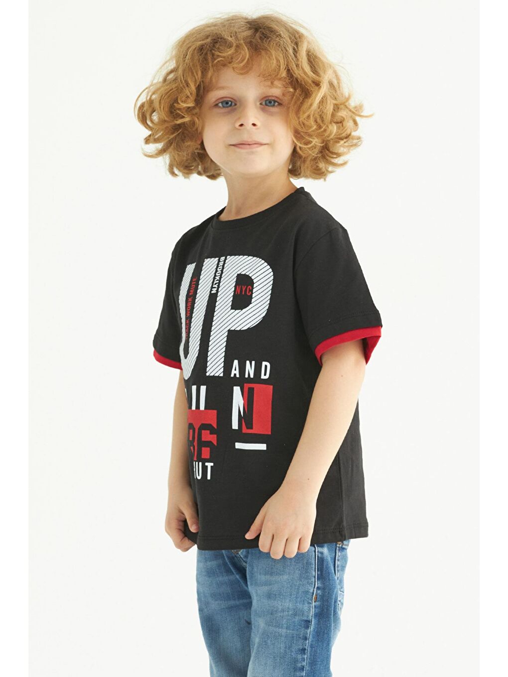 Bisiklet Yaka Kısa Kol Up Yazı Baskılı Siyah Renk Erkek Çocuk Tshirt-1