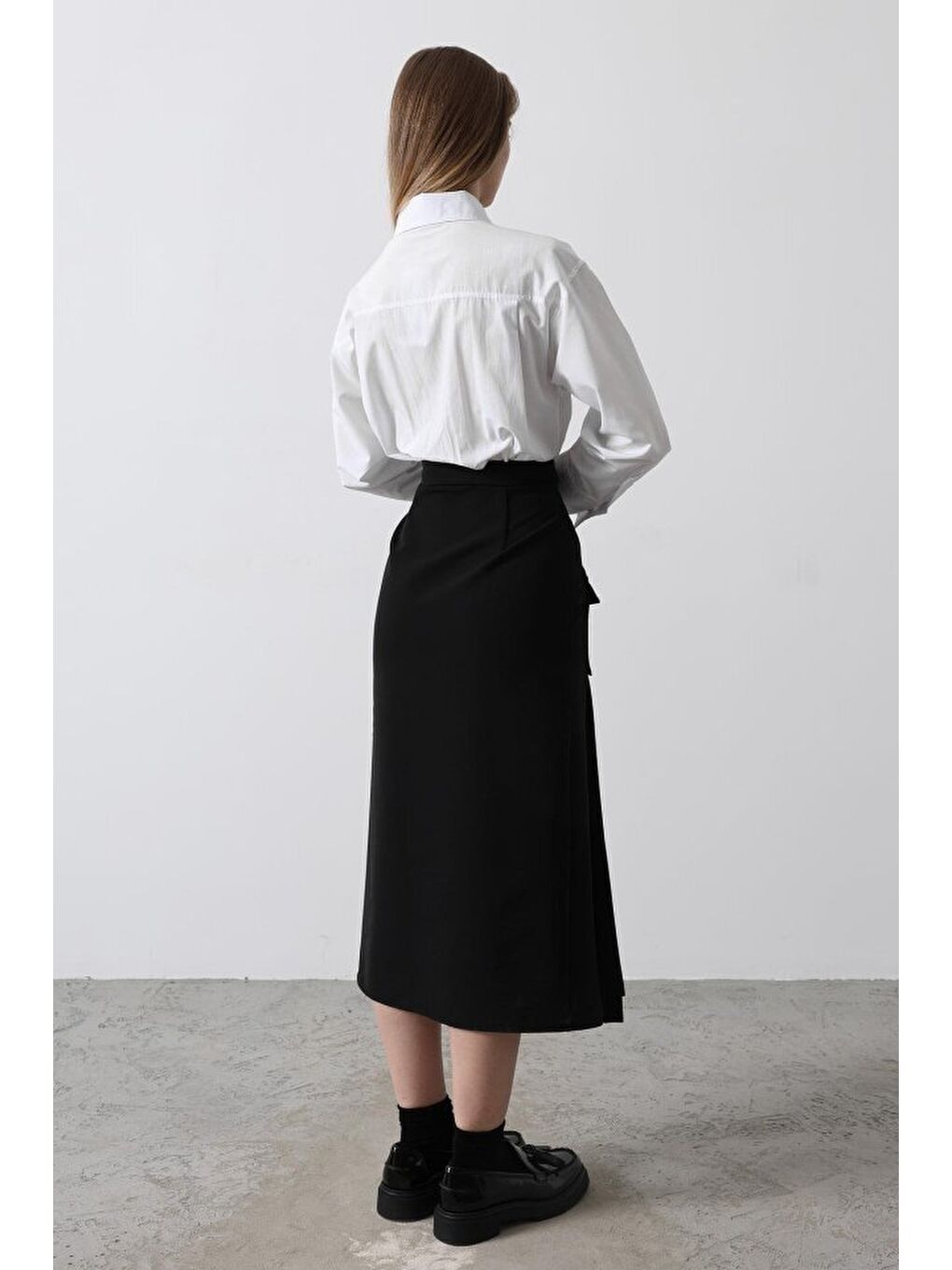 Pileli Kontrast Gömlek Elbise - Beyaz-3