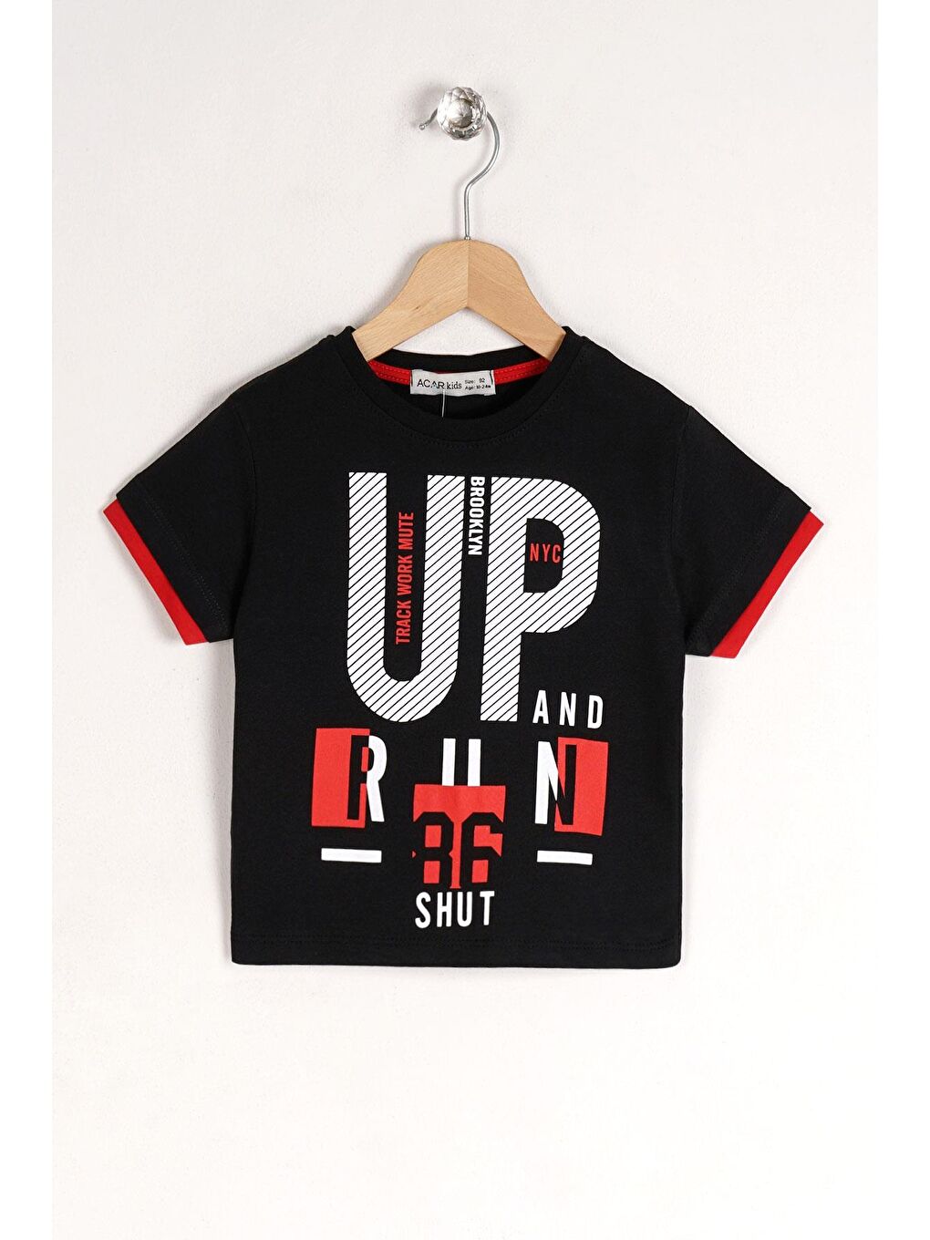 Bisiklet Yaka Kısa Kol Up Yazı Baskılı Siyah Renk Erkek Çocuk Tshirt-2