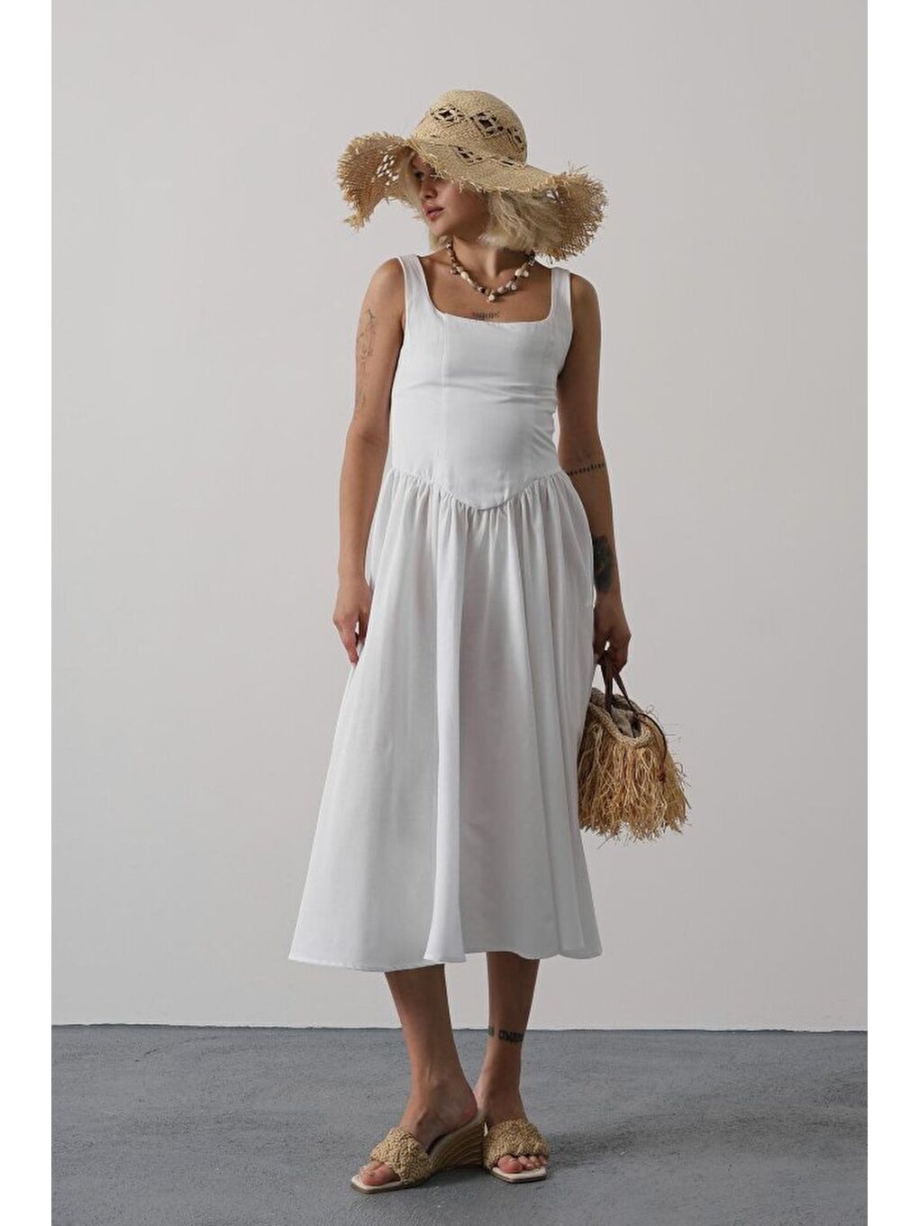 Askılı Uzun Elbise - Beyaz-1