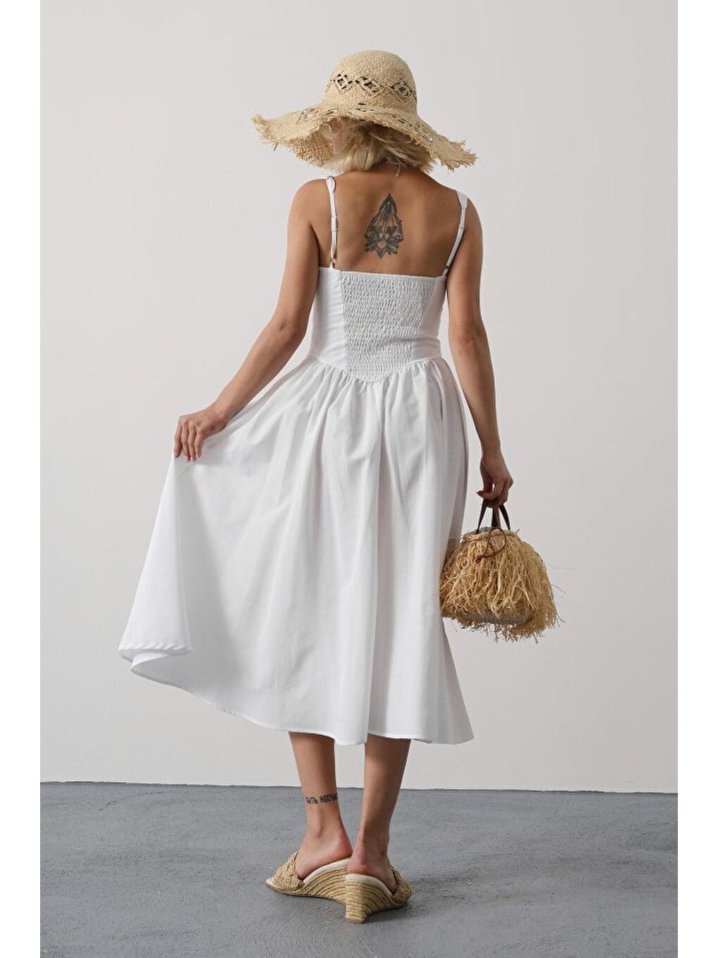 Askılı Uzun Elbise - Beyaz-2