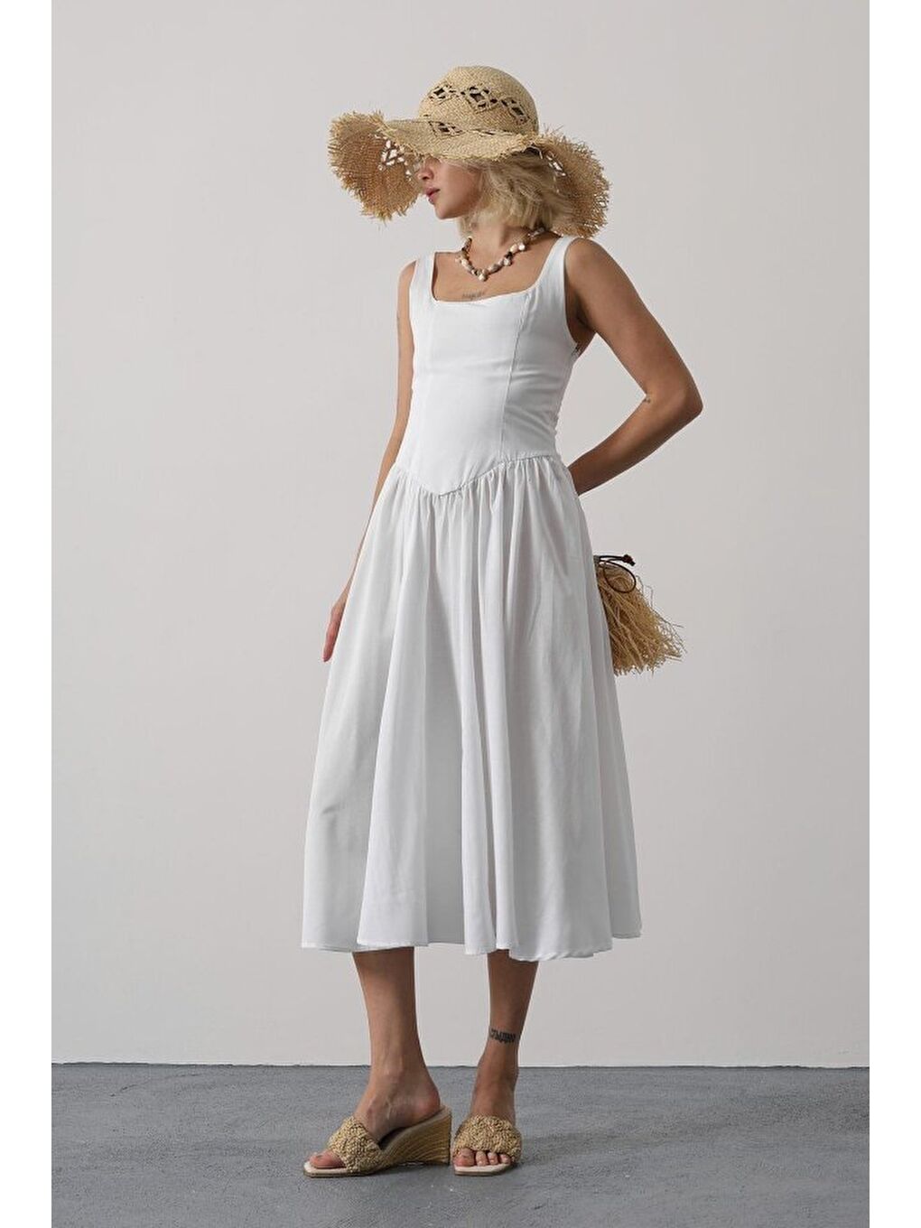 Askılı Uzun Elbise - Beyaz-3