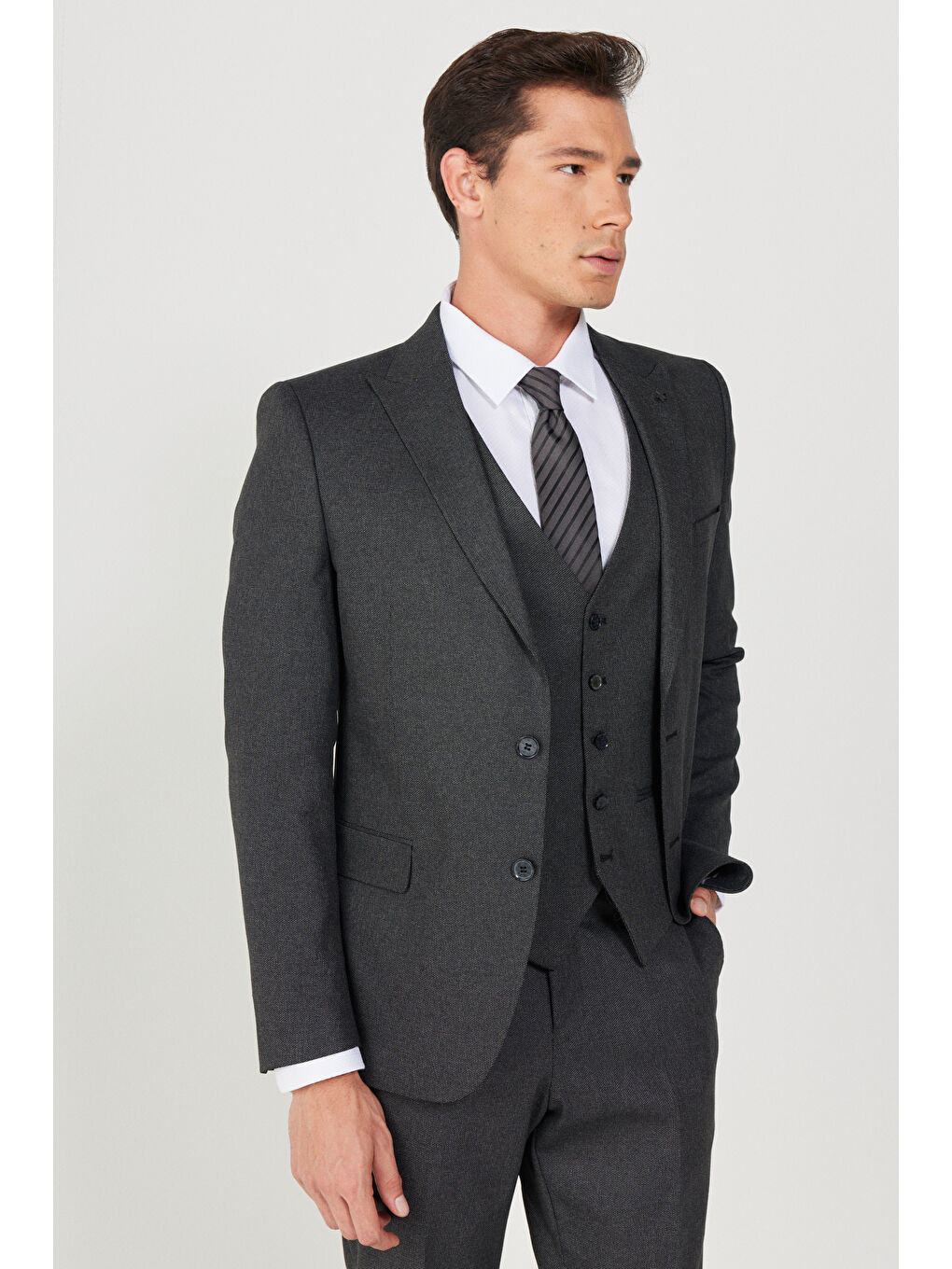 Erkek Siyah-Gri Slim Fit Dar Kesim Mono Yaka Desenli Yünlü Yelekli Takım Elbise-2