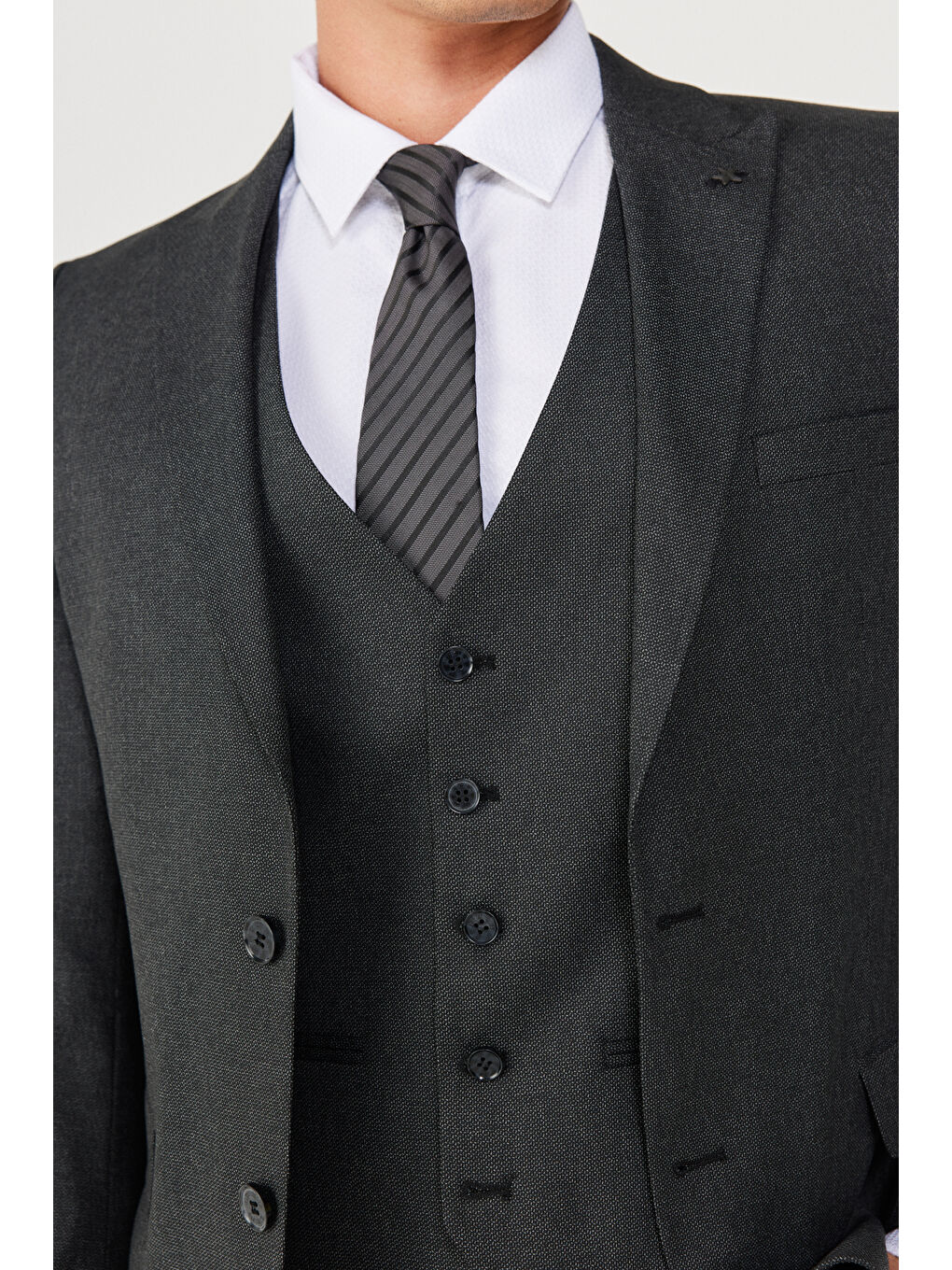 Erkek Siyah-Gri Slim Fit Dar Kesim Mono Yaka Desenli Yünlü Yelekli Takım Elbise-5