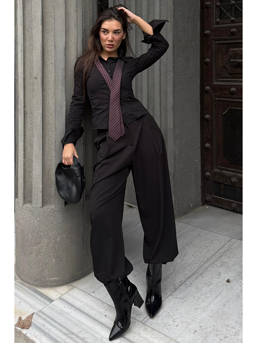 Siyah Pileli Cepli Balon Kadın Pantolon Mg2692