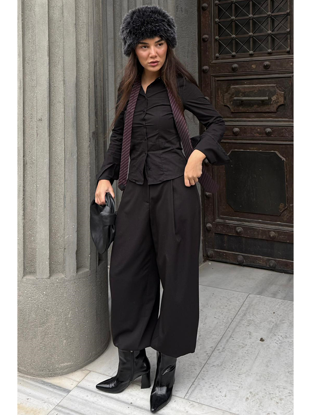 Siyah Pileli Cepli Balon Kadın Pantolon Mg2692-1