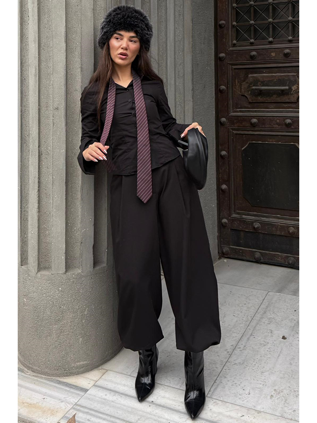 Siyah Pileli Cepli Balon Kadın Pantolon Mg2692-2