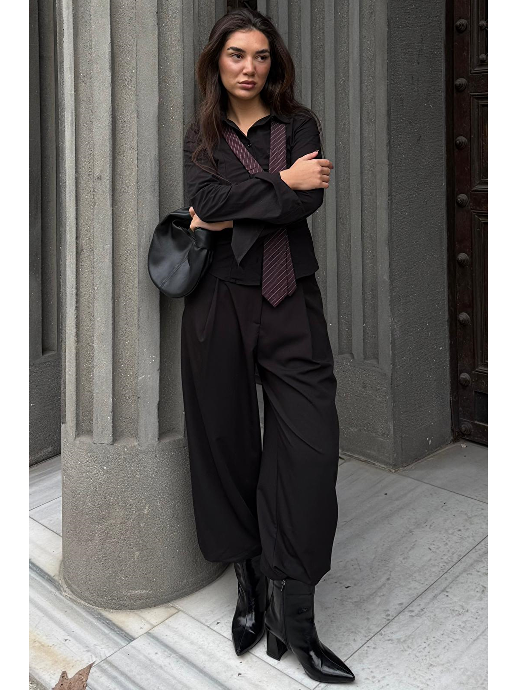 Siyah Pileli Cepli Balon Kadın Pantolon Mg2692-3