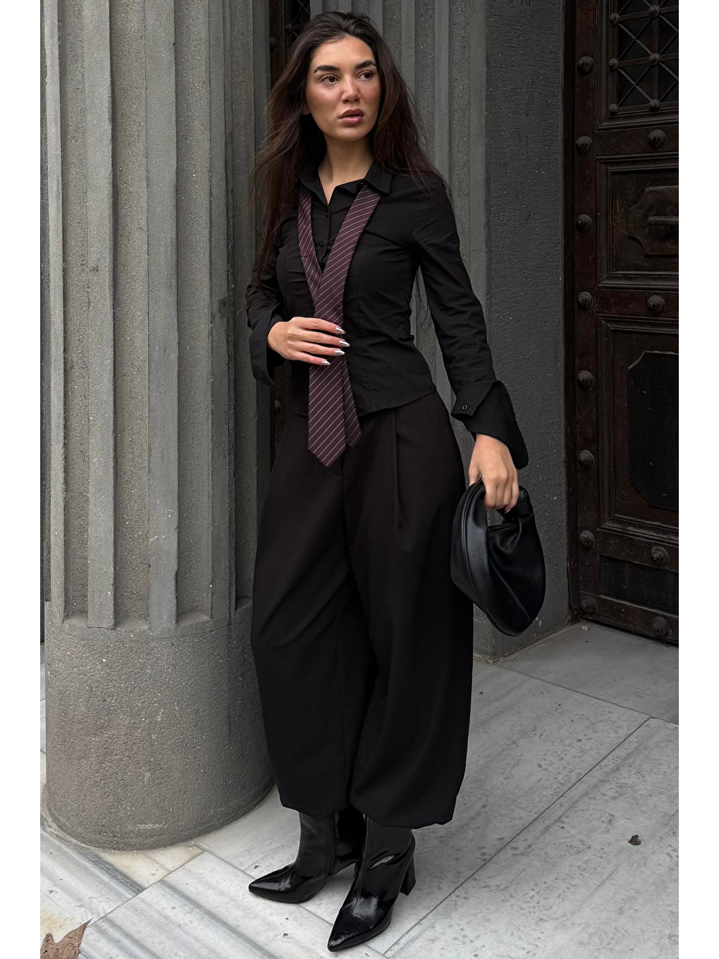 Siyah Pileli Cepli Balon Kadın Pantolon Mg2692-4