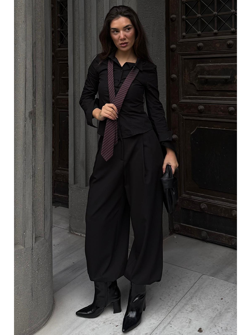 Siyah Pileli Cepli Balon Kadın Pantolon Mg2692-6