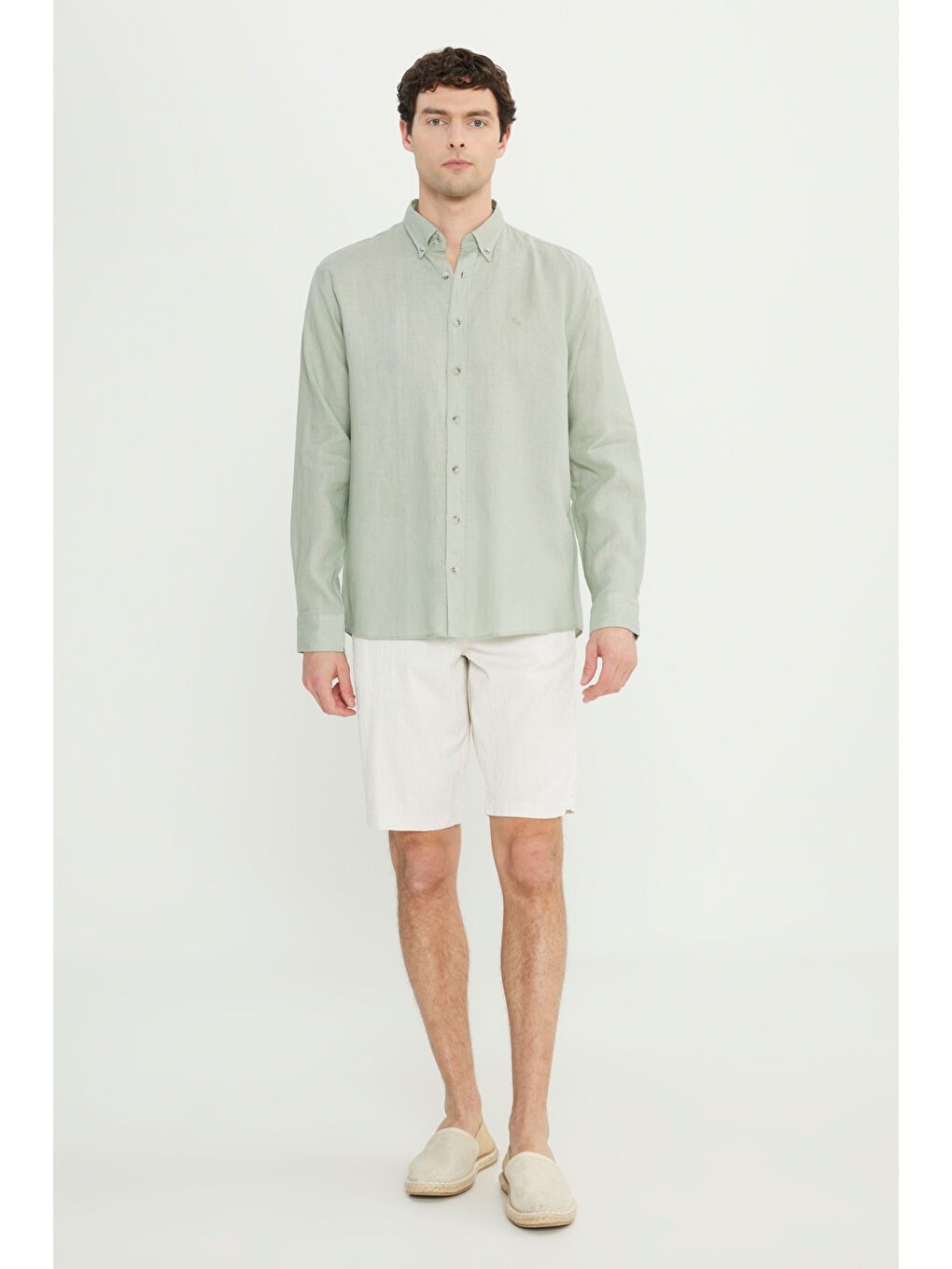 Erkek Haki %100 Keten Comfort Fit Rahat Kesim Düğmeli Yaka Gömlek-1