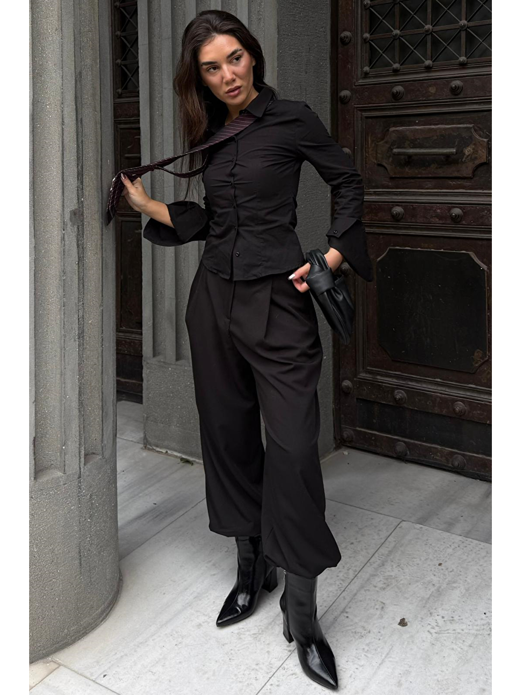 Siyah Pileli Cepli Balon Kadın Pantolon Mg2692-7