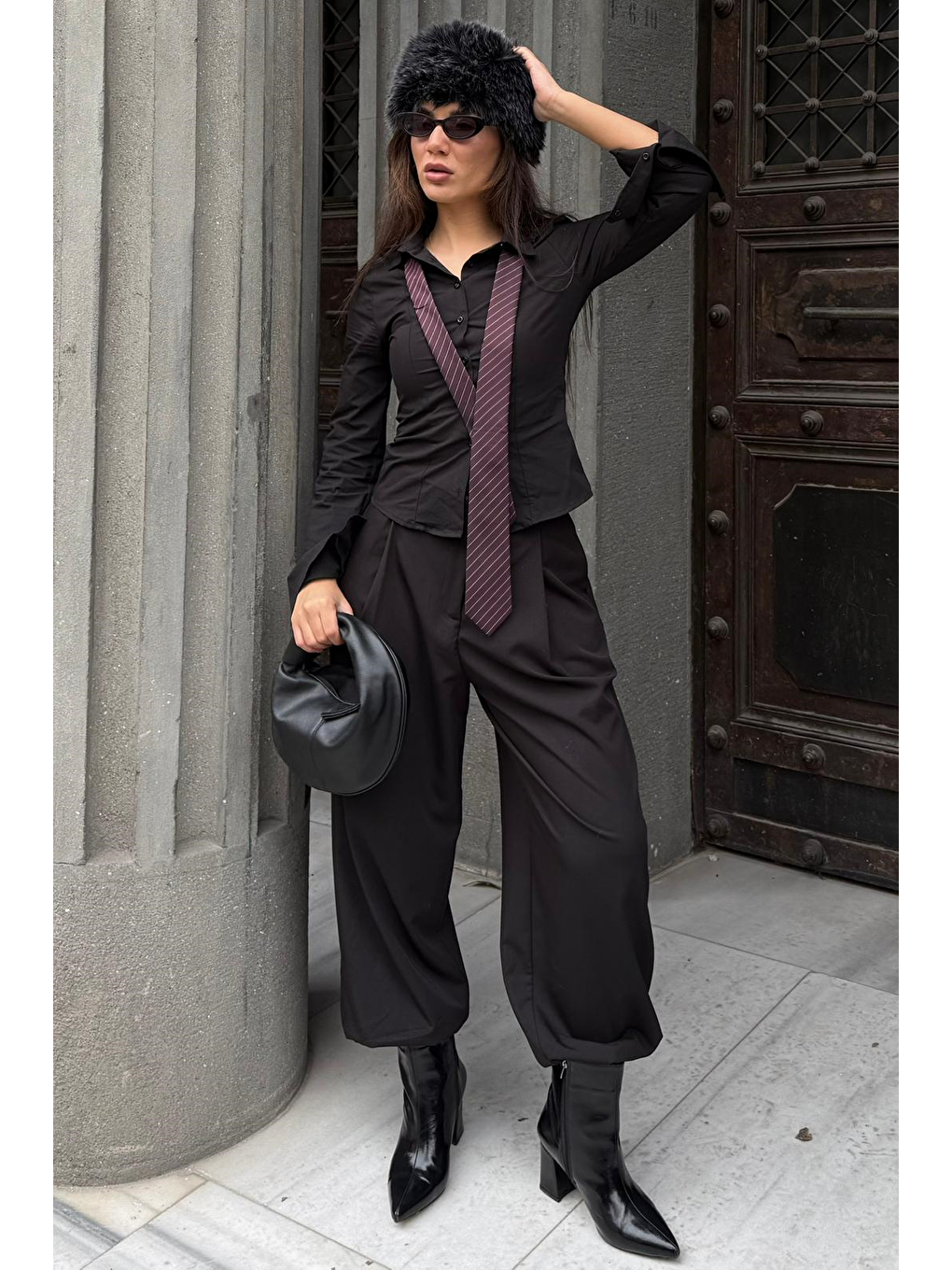 Siyah Pileli Cepli Balon Kadın Pantolon Mg2692-8