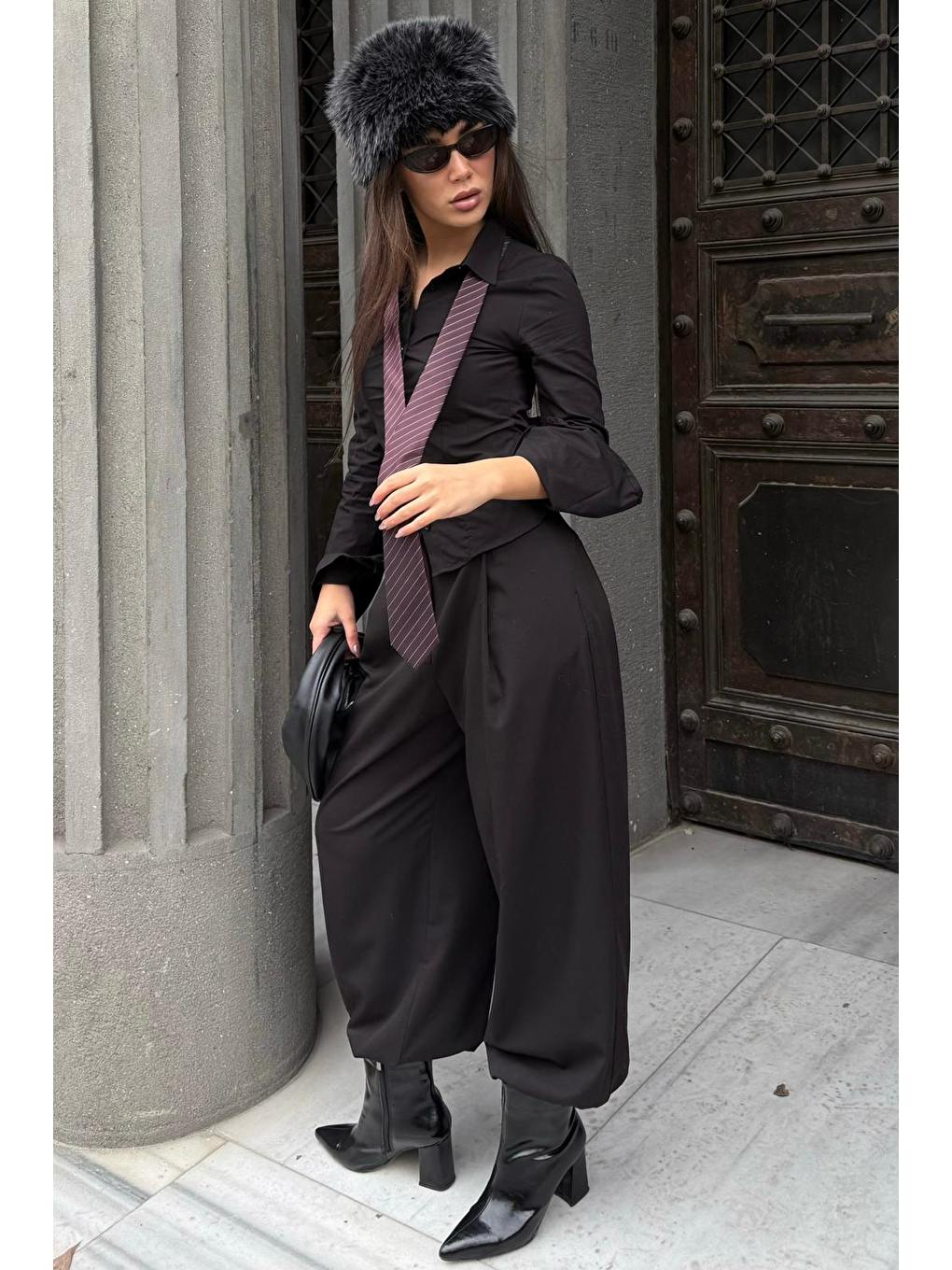 Siyah Pileli Cepli Balon Kadın Pantolon Mg2692-9