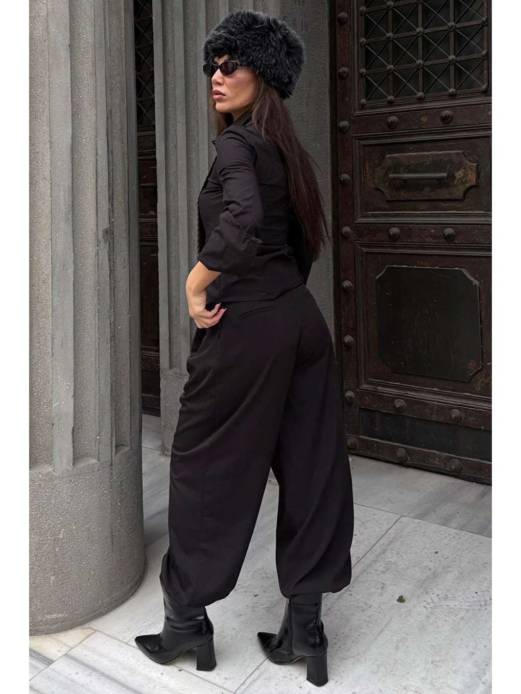 Siyah Pileli Cepli Balon Kadın Pantolon Mg2692-10