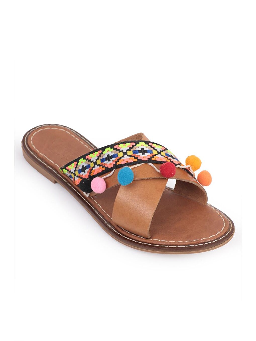 Kahverengi 8084 Hakiki Deri Ponponlu Kadın Terlik