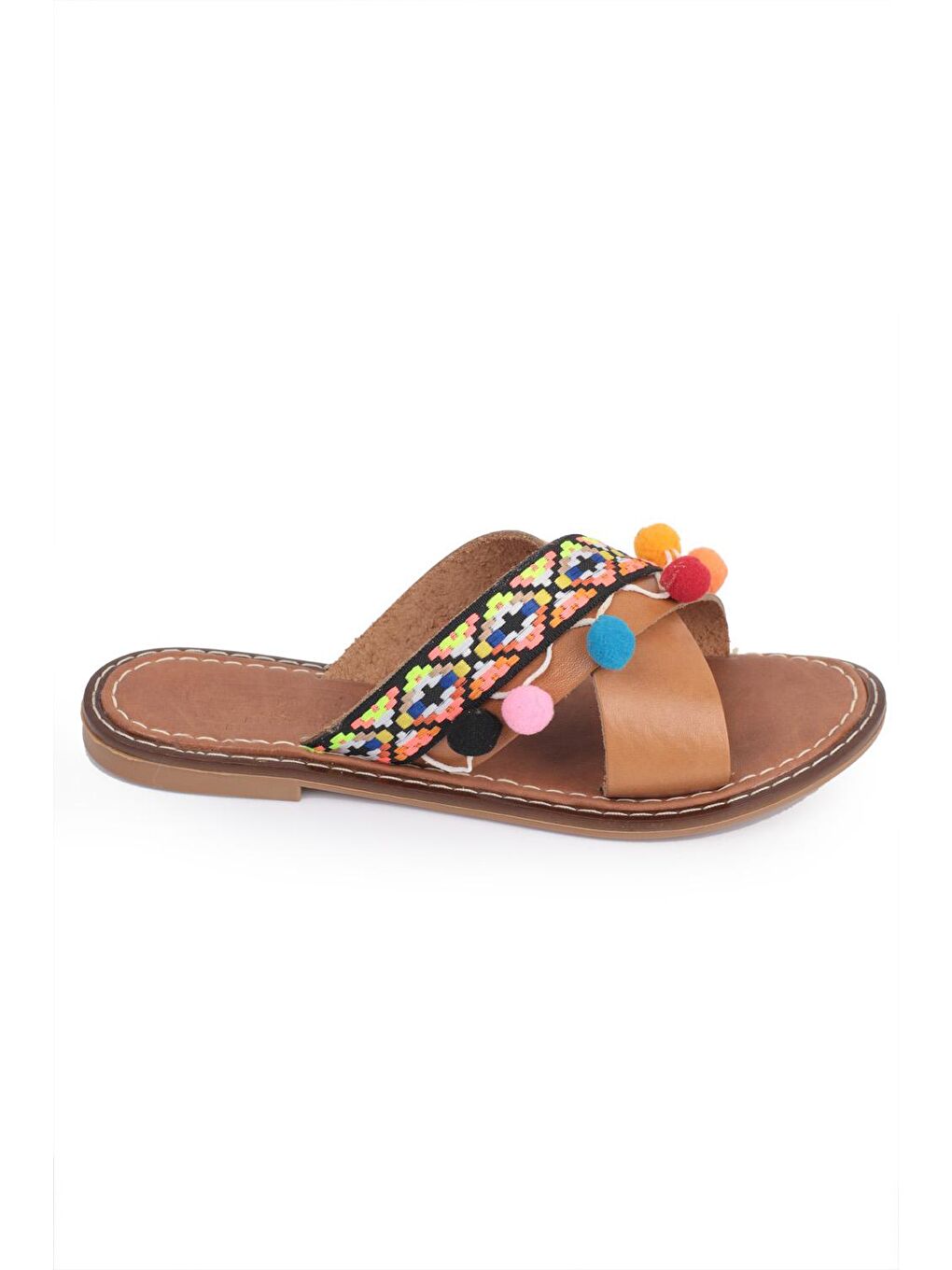 Kahverengi 8084 Hakiki Deri Ponponlu Kadın Terlik-1