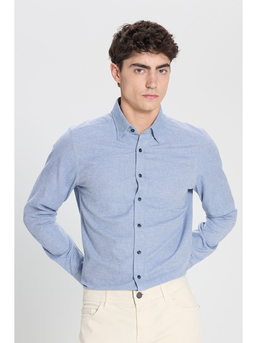 Erkek Mavi Slim Fit Dar Kesim Klasik Yaka Flanel Gömlek