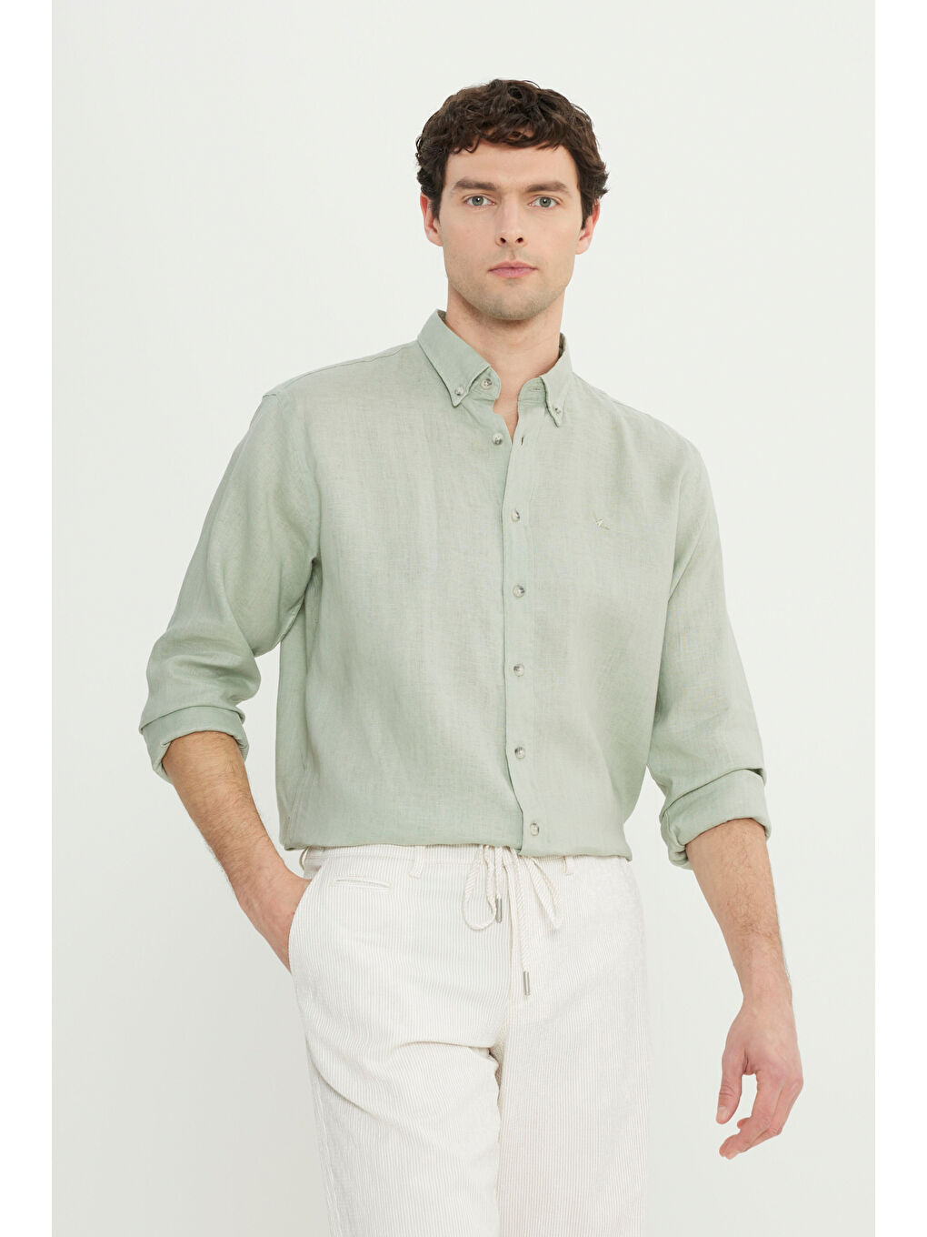 Erkek Haki %100 Keten Comfort Fit Rahat Kesim Düğmeli Yaka Gömlek-3