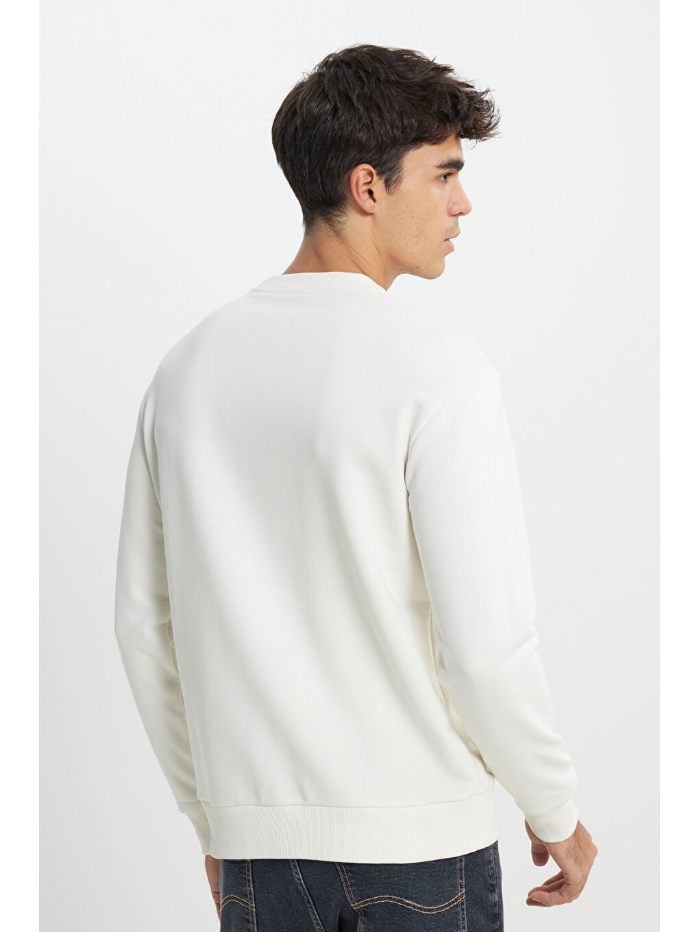 Beyaz Regular Fit Bisiklet Yaka Sweatshirt-4