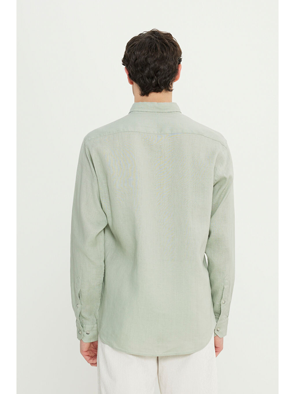 Erkek Haki %100 Keten Comfort Fit Rahat Kesim Düğmeli Yaka Gömlek-4